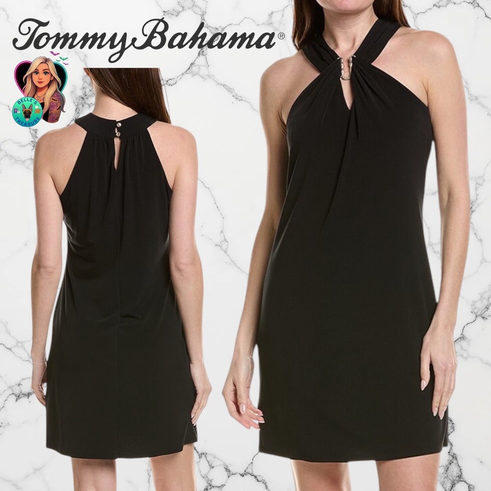Tommy Bahama Womens Small Black Carmela Halter Mini Dress Built in Bra Jersey